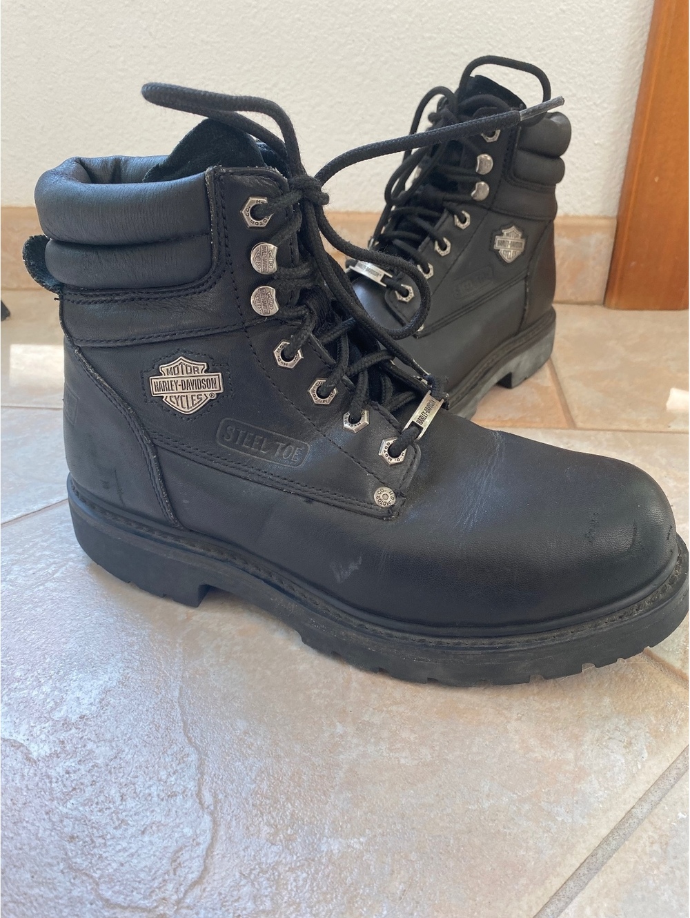 Harley Davidson men’s black leather steel toe lace up motorcycle combat boot 8.5